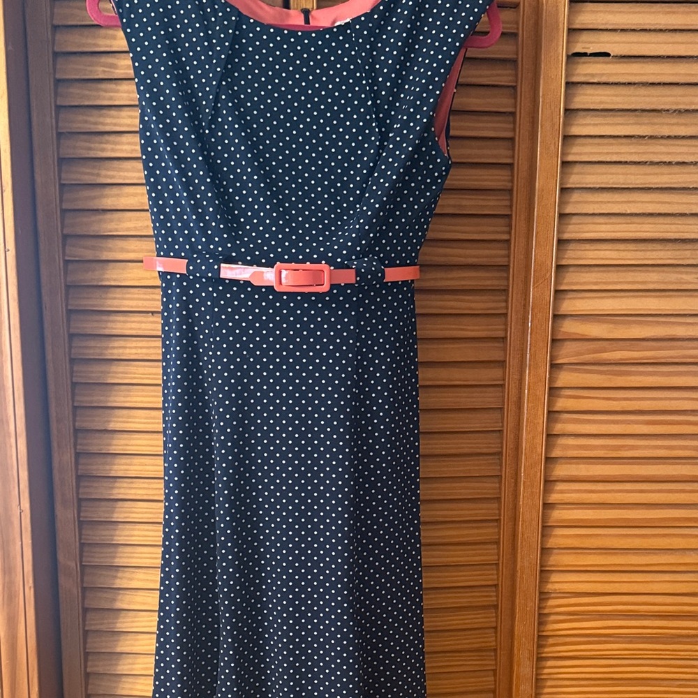 Dress Barn Navy and Coral Polka Dot Midi Dress